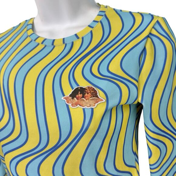 Fiorucci Green Blue Groovy Swirl Wave Long Sleeve Angel Patch Crop Top size M - Picture 9 of 11